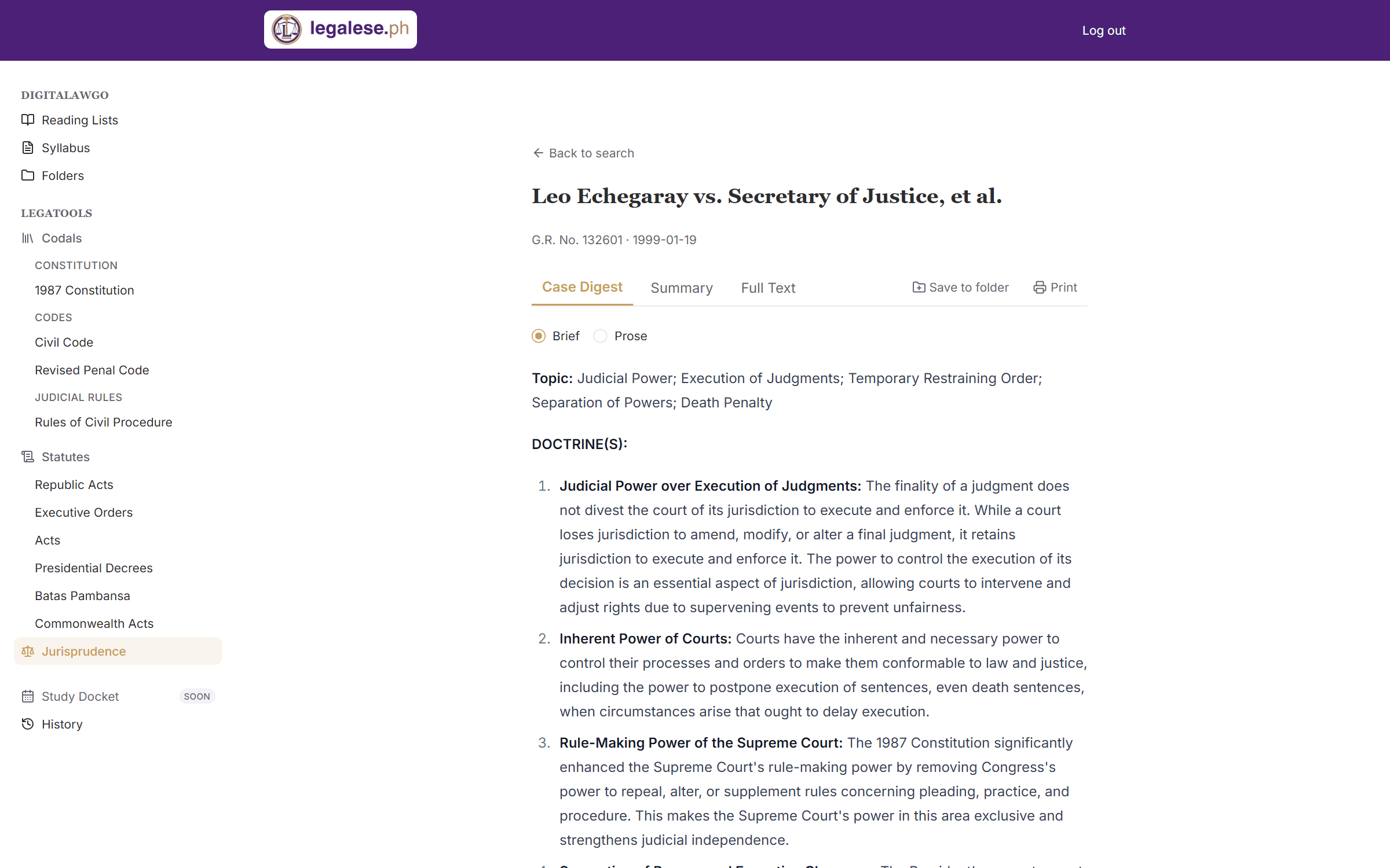 A case digest on legalese.ph for Leo Echegaray vs. Secretary of Justice, listing the case doctrines, with tabs for Case Digest, Summary and Full Text and a sidebar of reading lists, folders, codals and statutes
