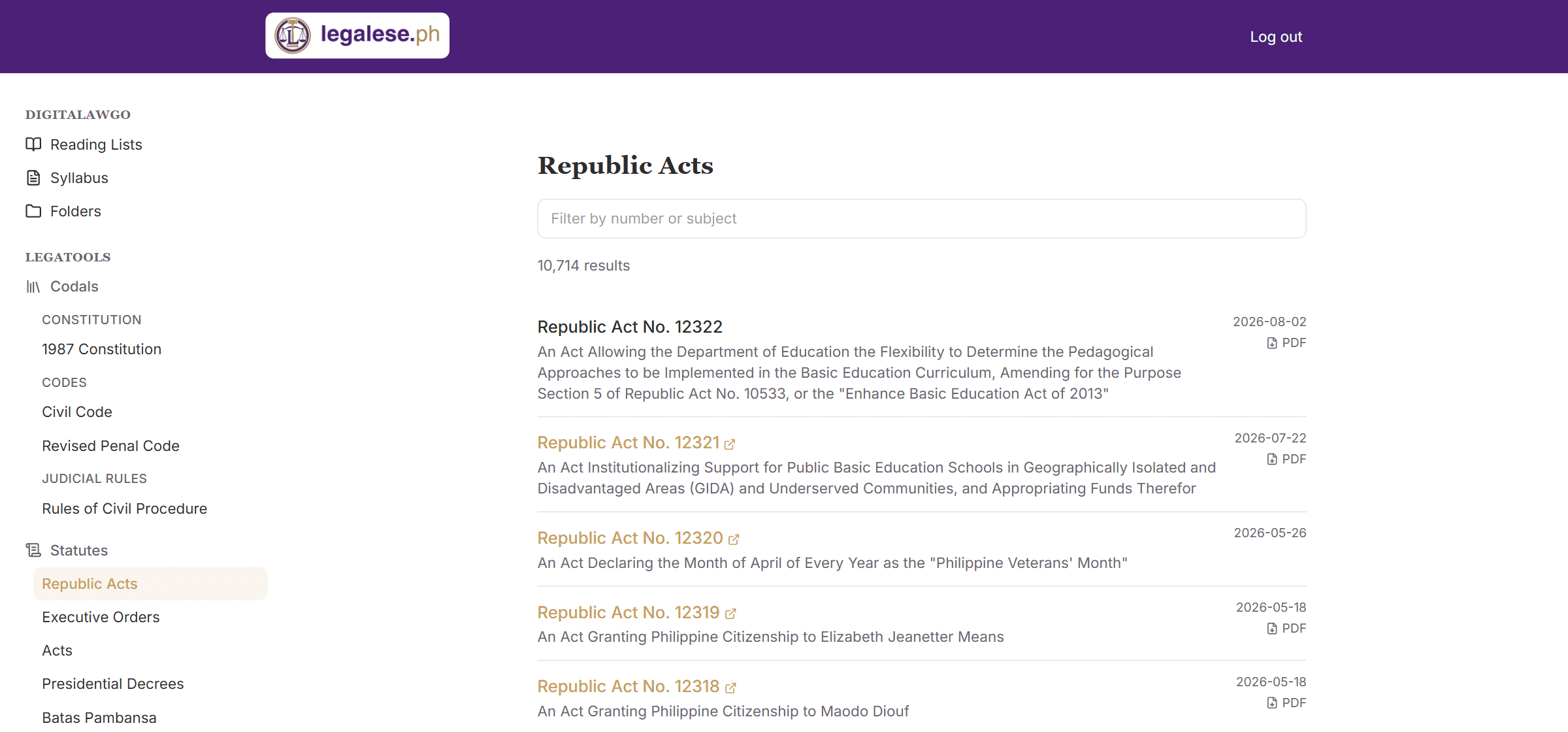 The Republic Acts collection on legalese.ph showing 10,714 results, each with its number, full title, date and a link to the official PDF
